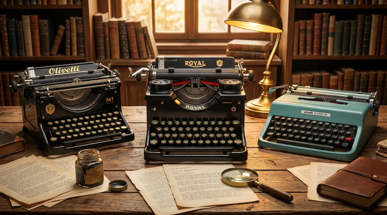 Tre macchine da scrivere vintage su una scrivania in legno, con lampada e libri sullo sfondo