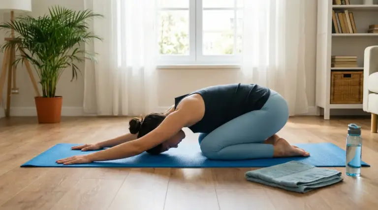 Persona esegue la posizione del bambino su tappetino yoga, stretching per alleviare il mal di schiena