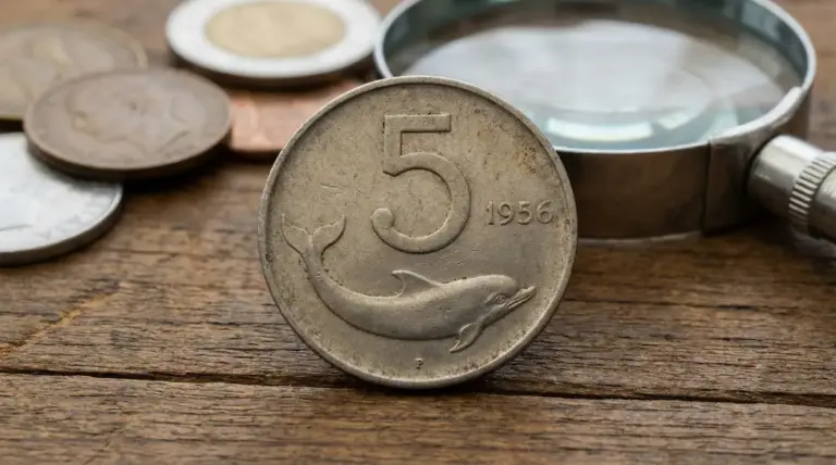Moneta italiana da 5 lire con delfino e anno 1956, appoggiata su tavolo di legno accanto a una lente d’ingrandimento