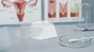 Vetrino da laboratorio con campione e tampone in piastra, in ambito ginecologico