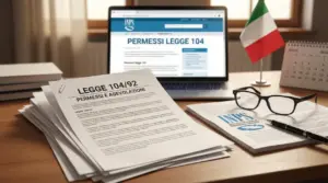 Scrivania con documenti sulla Legge 104, laptop con pagina INPS e calendario, per chiarire permessi e agevolazioni