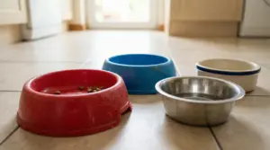 Ciotole per animali in plastica, acciaio e ceramica su pavimento, a confronto per alimentazione e igiene