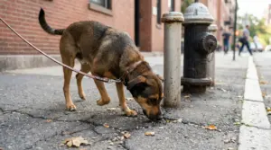 Cane al guinzaglio annusa il marciapiede vicino a un idrante durante una passeggiata in città