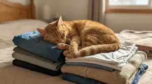 Gatto arancione che dorme su una pila di vestiti piegati sul letto in una camera luminosa
