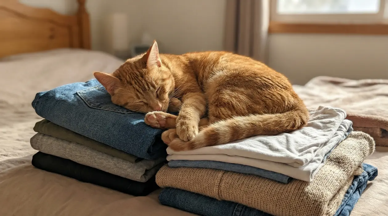 Gatto arancione che dorme su una pila di vestiti piegati sul letto in una camera luminosa