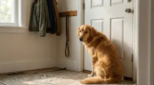 Cane seduto vicino alla porta di casa con guinzaglio appeso, in attesa del proprietario