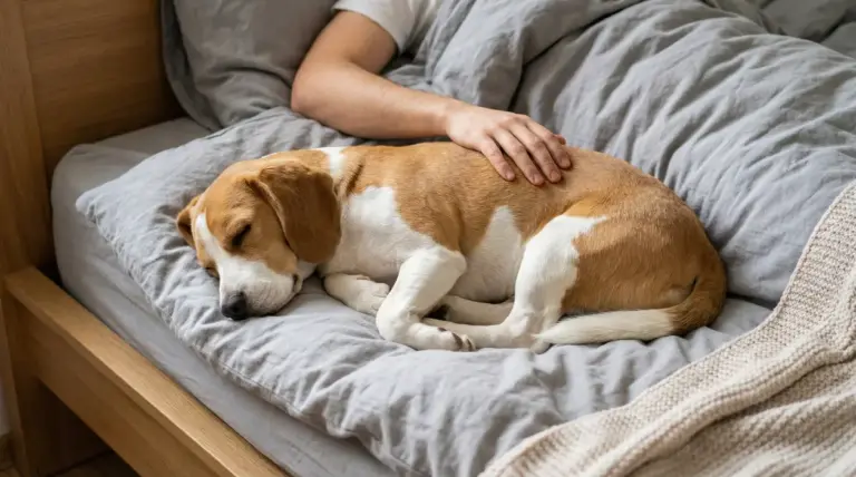 Cane che dorme sul letto accanto a una persona, accarezzato sotto le coperte