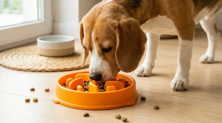 Cane che mangia crocchette da una ciotola anti-ingozzamento arancione in casa