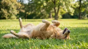 Cane sdraiato sulla schiena che si rotola sull’erba in un parco soleggiato