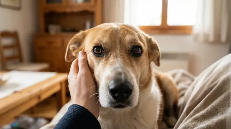 Primo piano di un cane in casa che guarda fisso negli occhi mentre una mano gli accarezza il muso