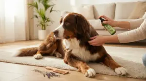 Persona spruzza un rimedio naturale antipulci sul pelo di un cane sdraiato sul tappeto in soggiorno