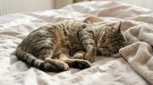 Gatto tigrato che dorme rilassato su un letto con coperta in una stanza luminosa