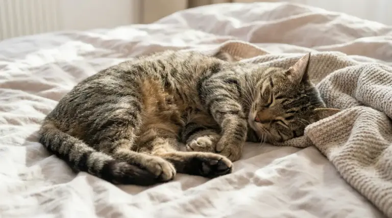 Gatto tigrato che dorme rilassato su un letto con coperta in una stanza luminosa