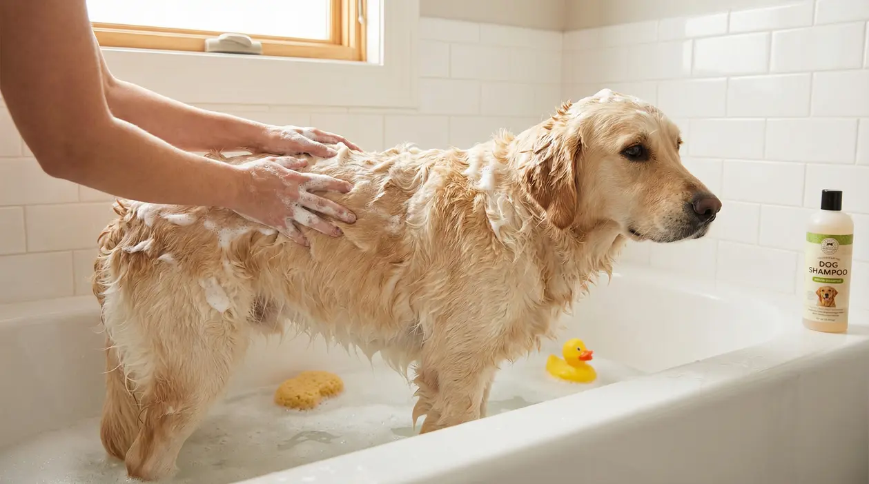 Cane bagnato in vasca mentre una persona lo insapona durante il bagno, in bagno luminoso