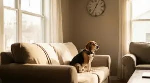 Cane seduto sul divano in soggiorno, con luce dalla finestra e orologio a parete, in attesa di qualcuno
