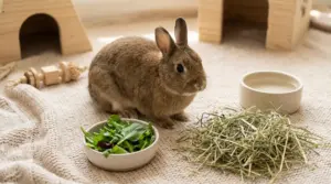Coniglio nano in casa vicino a fieno, ciotola d’acqua e verdure a foglia, in un ambiente con casette in legno