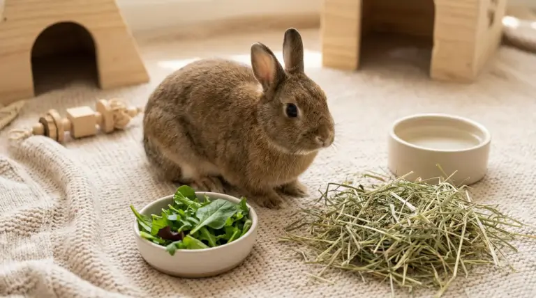 Coniglio nano in casa vicino a fieno, ciotola d’acqua e verdure a foglia, in un ambiente con casette in legno