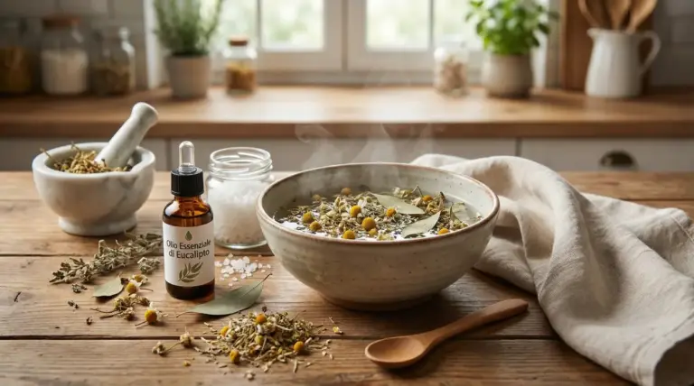 Ciotola con infuso caldo di erbe, foglie e flacone di olio essenziale di eucalipto su tavolo in cucina