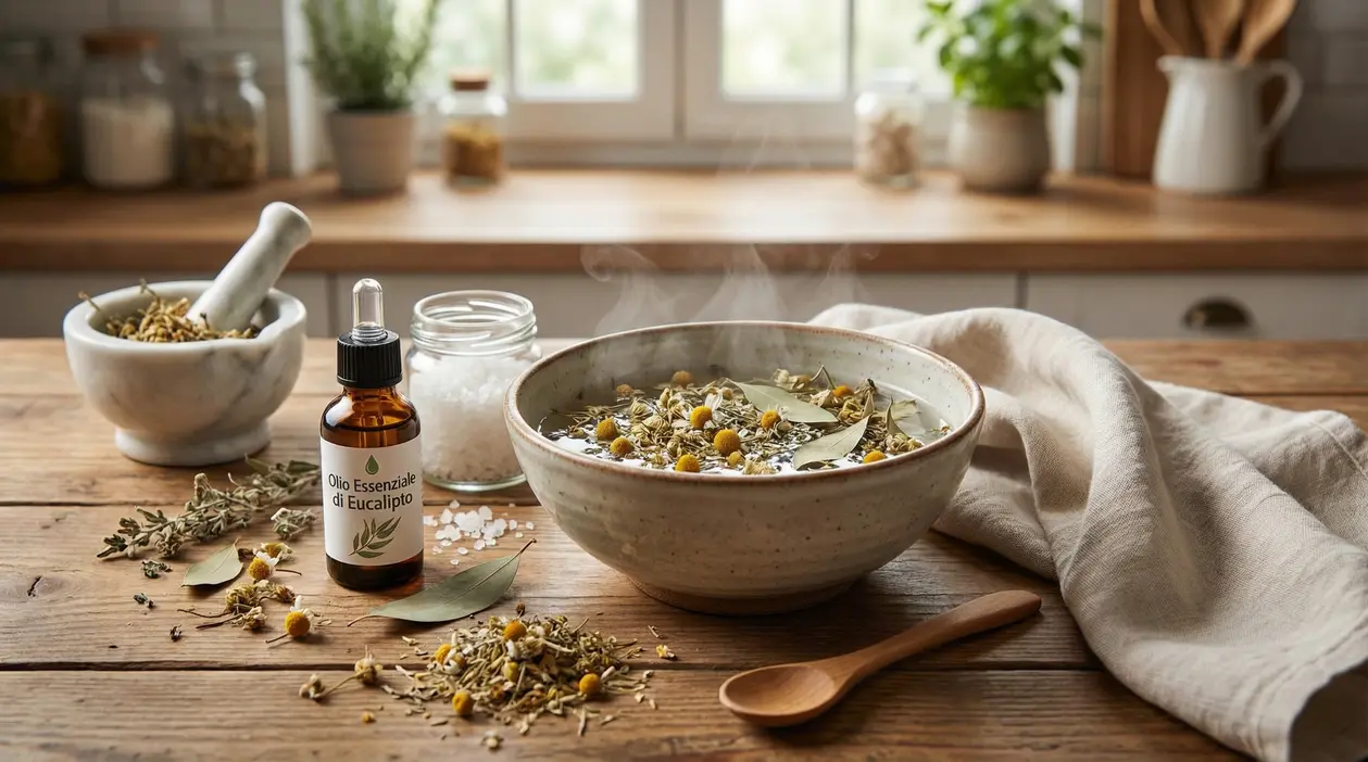 Ciotola con infuso caldo di erbe, foglie e flacone di olio essenziale di eucalipto su tavolo in cucina