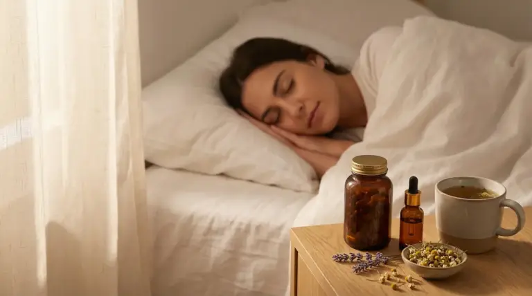 Donna che dorme serenamente a letto con tisana e rimedi naturali sul comodino per favorire un sonno ristoratore