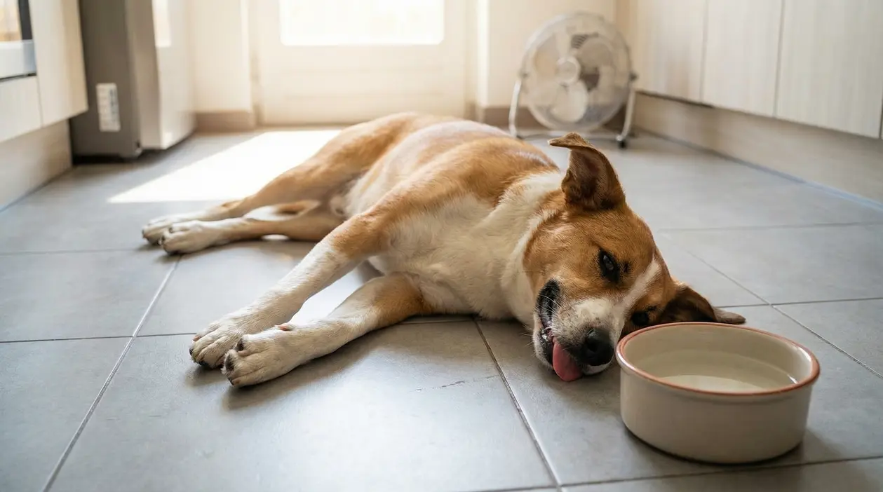Cane sdraiato sul pavimento con la lingua fuori vicino a una ciotola d’acqua, in casa con ventilatore sullo sfondo