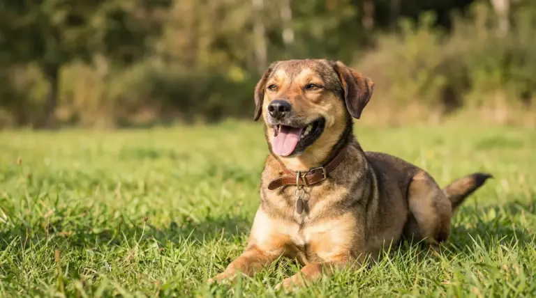 Cane sdraiato sull’erba con espressione rilassata e lingua fuori, in un prato soleggiato