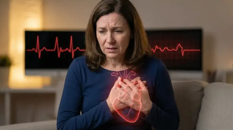 Donna seduta sul divano con le mani sul petto e grafica del cuore, sintomi di stress e dolore emotivo