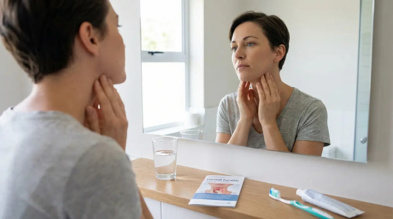 Donna davanti allo specchio mentre controlla il collo con le mani, per individuare possibili sintomi alla gola