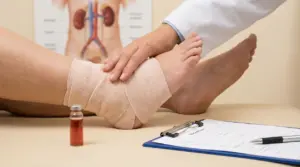Medico visita una caviglia gonfia fasciata, possibile segnale di problemi ai reni o ritenzione di liquidi