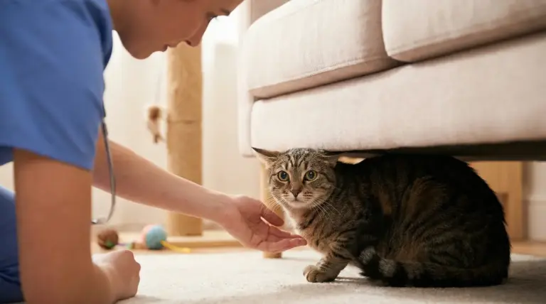 Gatto tigrato nascosto sotto il divano mentre una persona gli avvicina la mano con calma