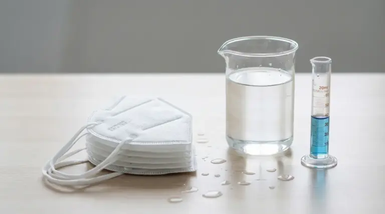 Mascherine FFP2 impilate accanto a becher con liquido e cilindro graduato su un tavolo, per test di lavaggio