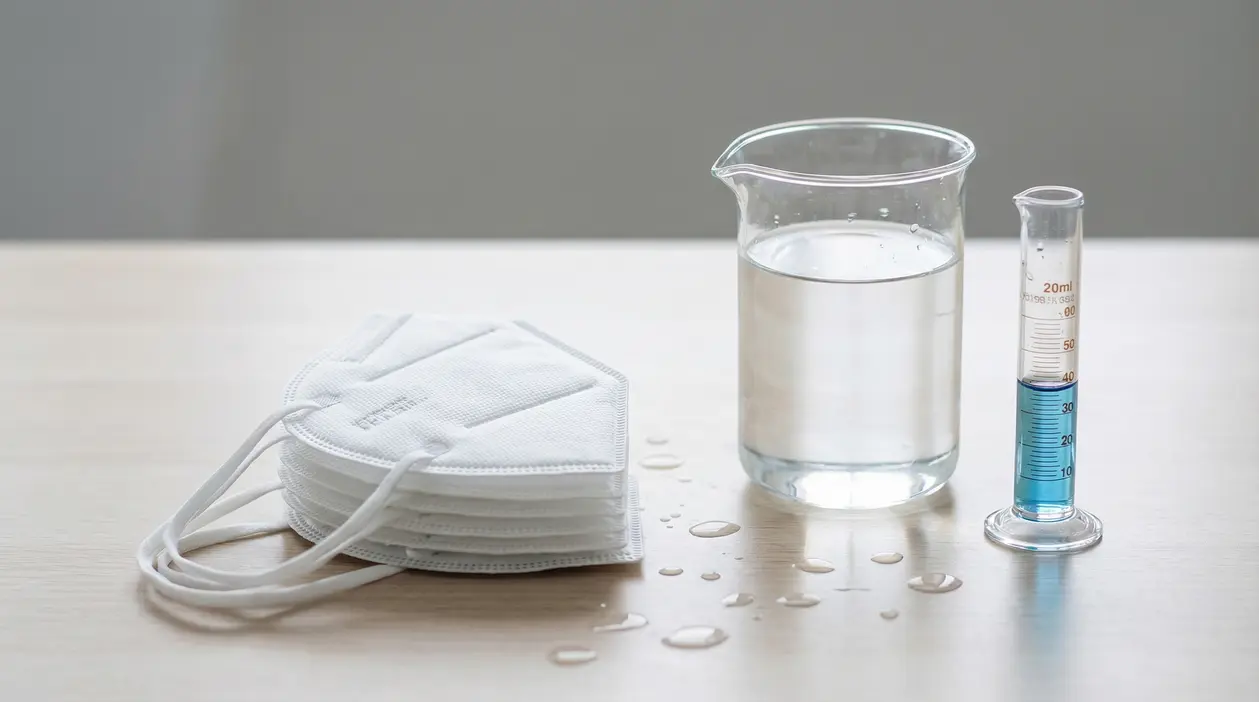 Mascherine FFP2 impilate accanto a becher con liquido e cilindro graduato su un tavolo, per test di lavaggio