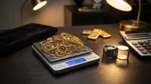 Gioielli in oro usato su bilancia digitale, con lingotti e calcolatrice su un banco da compro oro