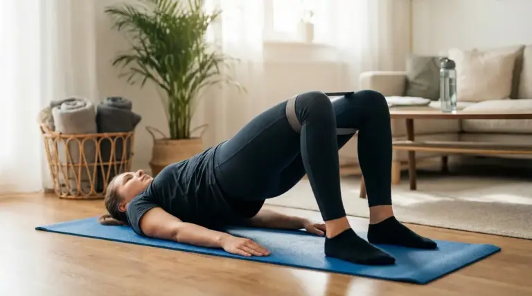 Persona esegue un ponte glutei su tappetino, con elastico sopra le ginocchia, in soggiorno.