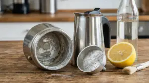 Moka smontata con incrostazioni di calcare, limone e bottiglia di aceto su un tavolo in cucina