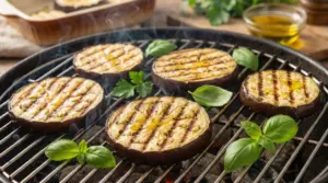 Fette di melanzane grigliate su barbecue con foglie di basilico e olio extravergine, senza attaccarsi