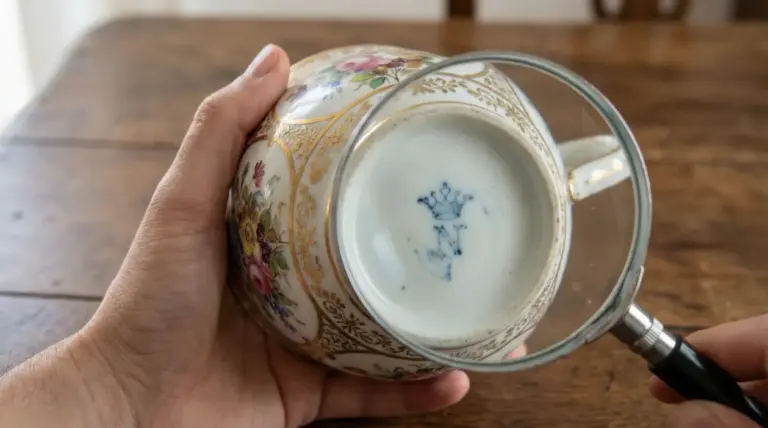 Tazza in porcellana decorata a mano con base capovolta e marchio blu osservato con lente d’ingrandimento
