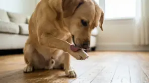 Cane in casa che si lecca una zampa, possibile segnale di prurito o irritazione alle zampe