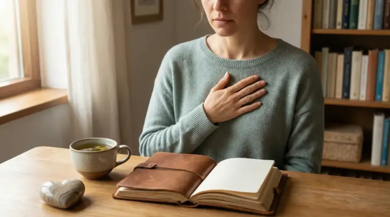 Persona seduta al tavolo con mano sul petto, tazza di tè e diario aperto vicino alla finestra