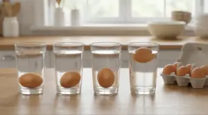 Uova in bicchieri d’acqua sul tavolo in cucina per il test di galleggiamento e verifica della freschezza