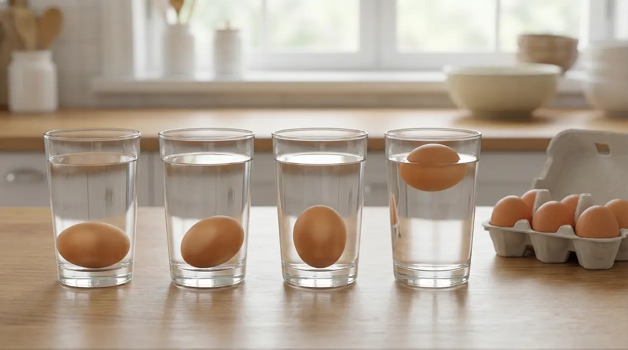 Uova in bicchieri d’acqua sul tavolo in cucina per il test di galleggiamento e verifica della freschezza